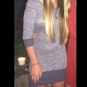 Grey long sleeve off the shoulder sweater dress.